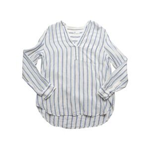 Gap Linen Striped Long Sleeve V-Neck Shirt Women Large Blue Yellow White